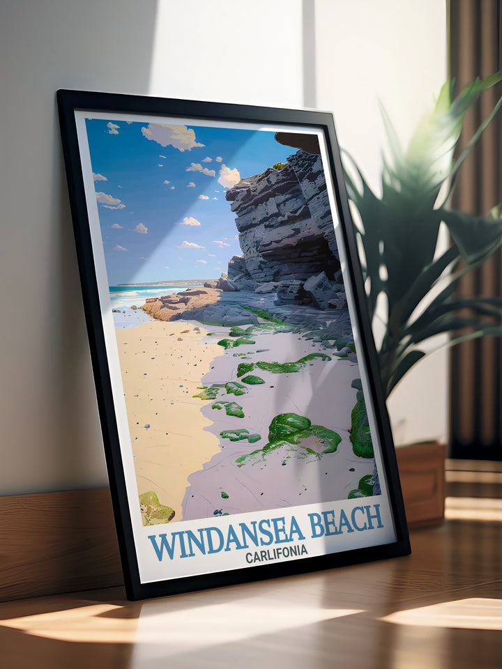 Elegant rock formations in a Windansea Beach Art print perfect for creating stunning living room décor. This California poster brings the natural beauty of San Diego into your home making it a perfect wall art choice for beach enthusiasts and travelers.