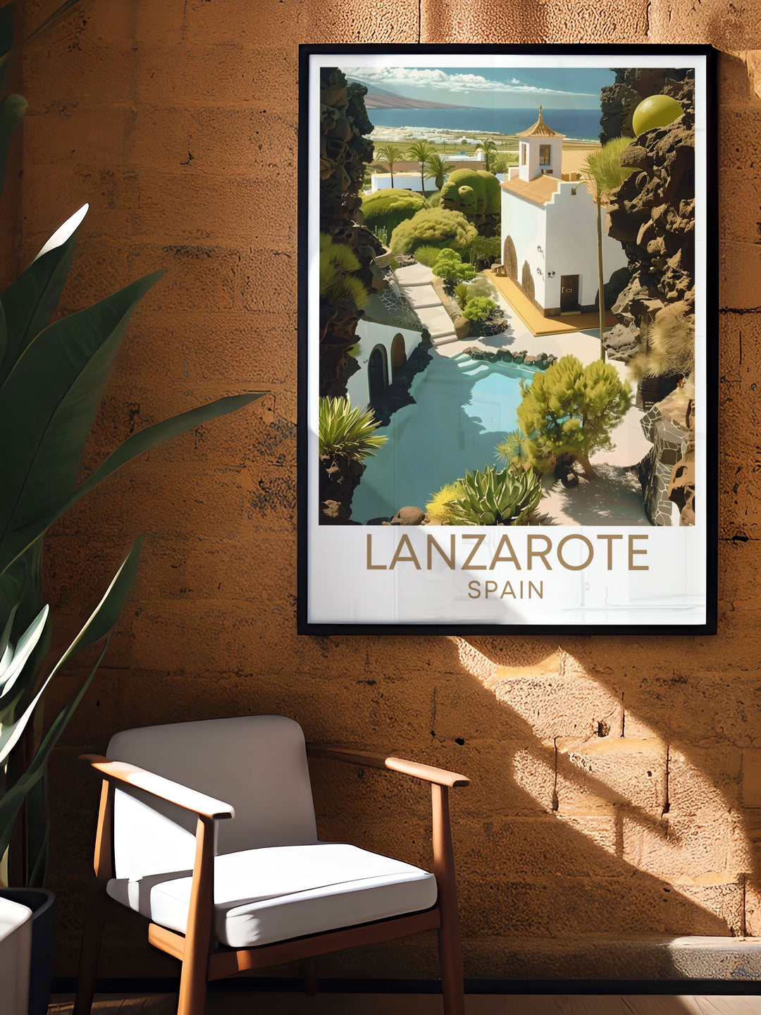This detailed art print of the Cesar Manrique Foundation features the harmonious blend of Lanzarotes volcanic landscape with Manriques architectural vision, making it a stunning addition to any collection of travel art or home decor.