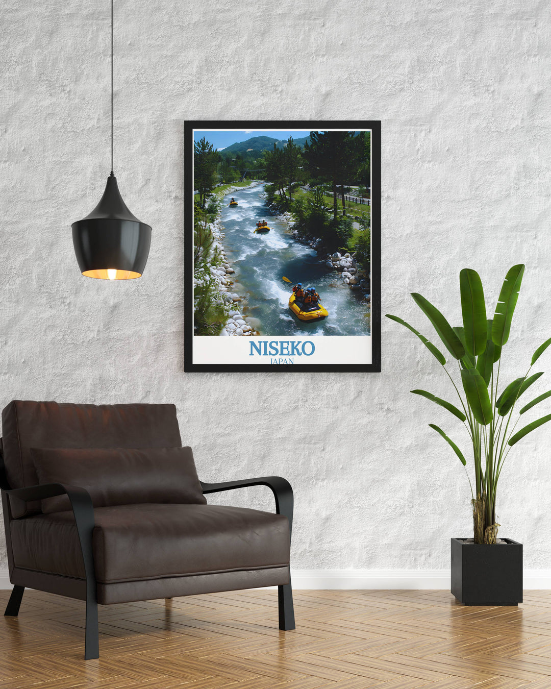 Classic Japanese Wall Art featuring Shiribetsu River and snowboarding scene perfect for a nostalgic travel themed room with a touch of retro elegance