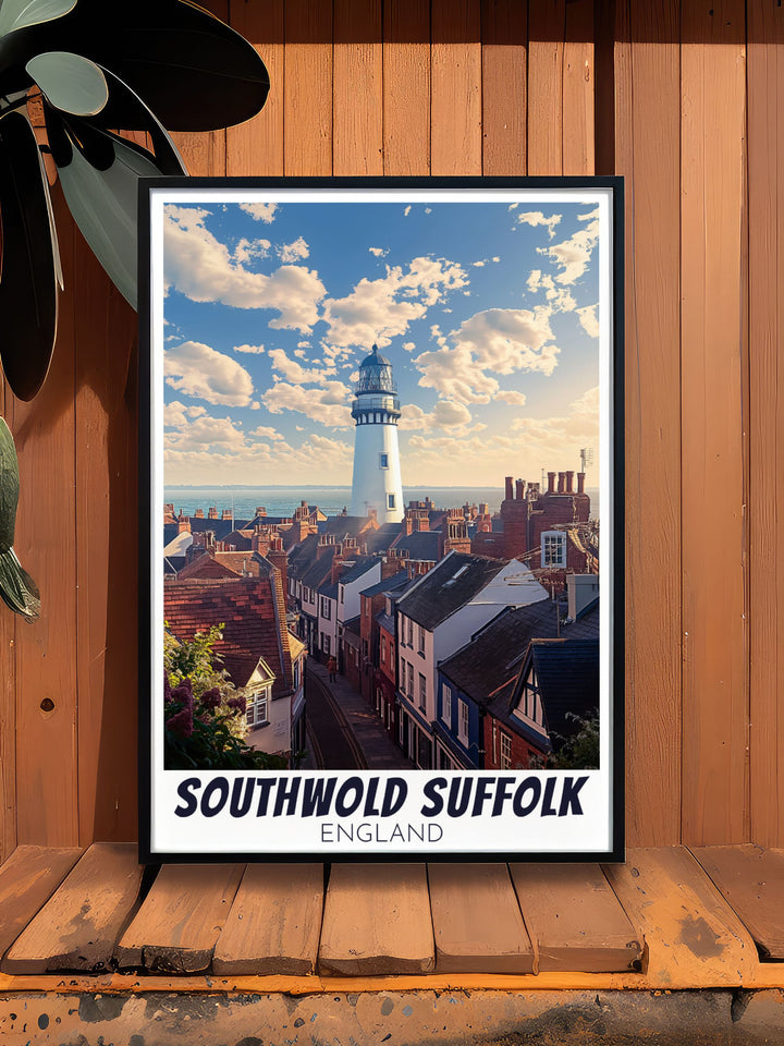 Southwold Print featuring detailed illustrations of the SouthwoldLighthouse beach huts and the picturesque pier perfect for enhancing your home with a touch of coastal beauty from Suffolk and celebrating your love for UK travel