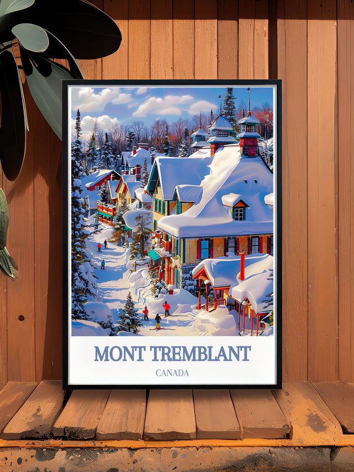 Framed Print of Tremblant Ski Resort showcasing the stunning landscapes of Mont Tremblant and the Laurentian Mountains perfect for adding a touch of elegance and natural beauty to any room in your home or office with its vibrant colors and detailed imagery.