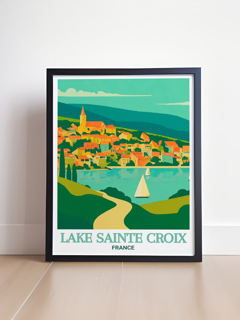 Celebrate the elegance of Lake Sainte Croix with this art print, featuring the lakes vibrant turquoise waters and the surrounding hills. The artwork is ideal for bringing a piece of French natural beauty into your living space.