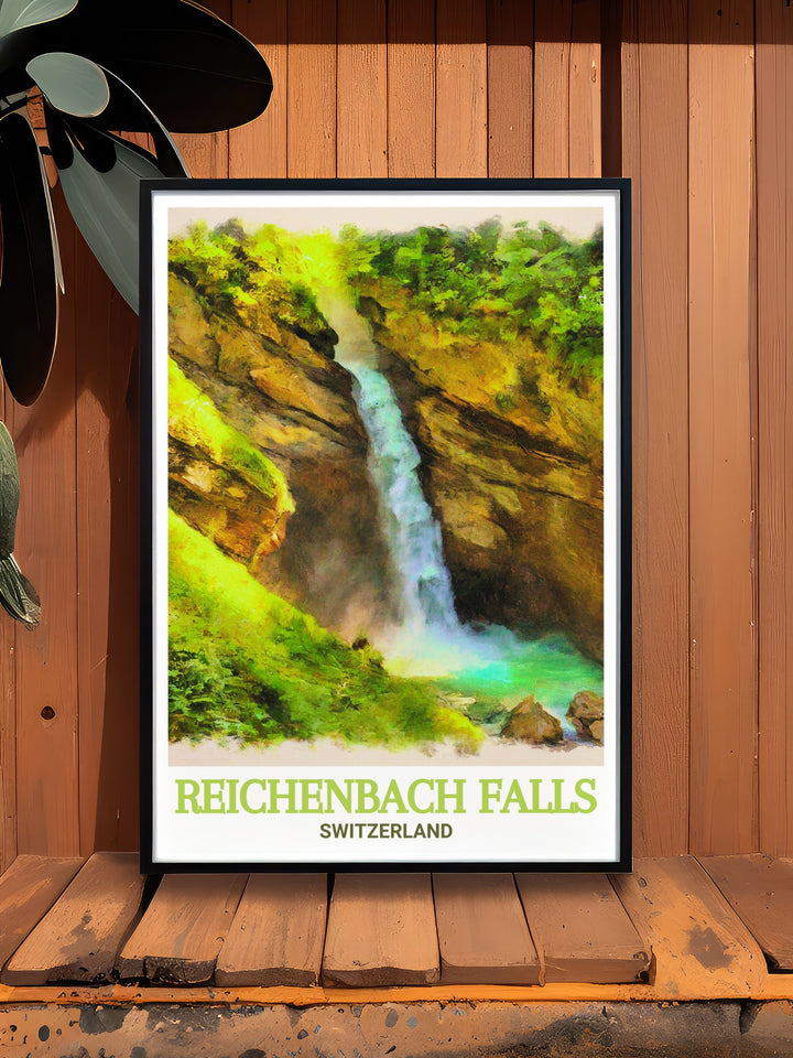 This Reichenbach Falls canvas art offers a timeless representation of Switzerlands natural wonders. The dramatic waterfall and surrounding greenery make this a striking piece of art, perfect for anyone with a passion for Swiss travel and outdoor adventures.