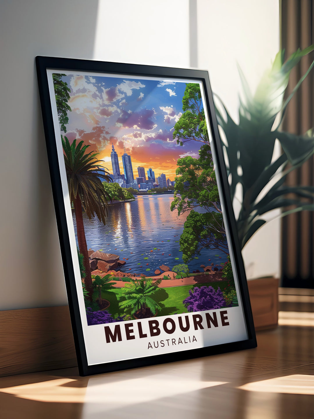 Celebrate Melbournes balance of city and nature with this Melbourne Travel Print, featuring the peaceful Royal Botanic Gardens. A perfect gift for art and travel lovers, this print captures the beauty of Melbournes landmarks.