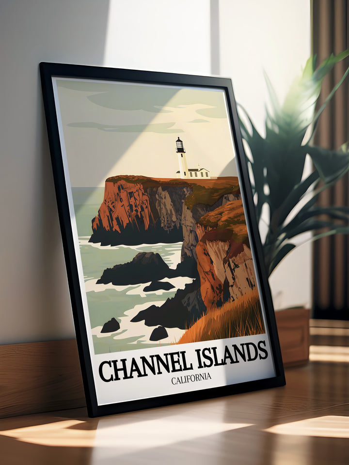 Retro wall art of Anacapa Island, Anacapa lighthouse with vivid colors and intricate details ideal for adding a touch of adventure and elegance to any living room, bedroom or office space.
