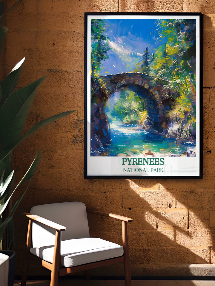 Vintage National Park poster depicting Pont dEspagne highlighting the natural beauty of the Pyrenees Mountains ideal for creating a stylish focal point.