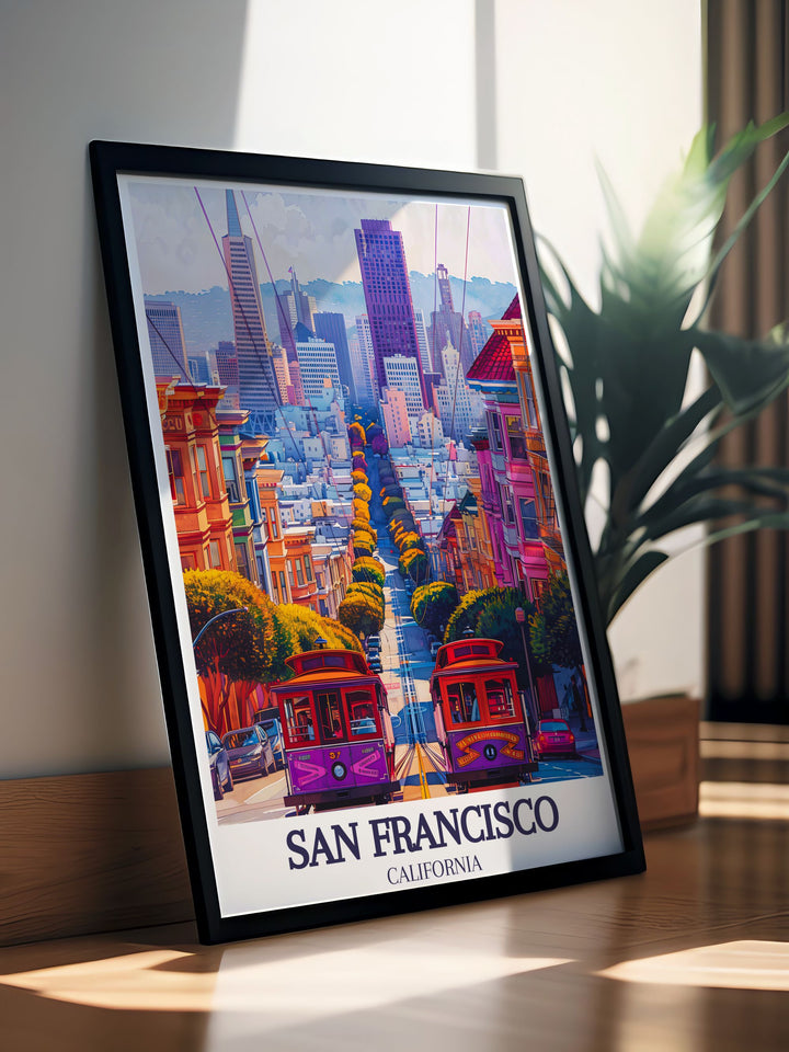 This poster print showcases San Franciscos Taylor Street, with the Golden Gate Bridge standing proudly in the background. A beautiful piece of West Coast art, perfect for adding character to your living room or office.