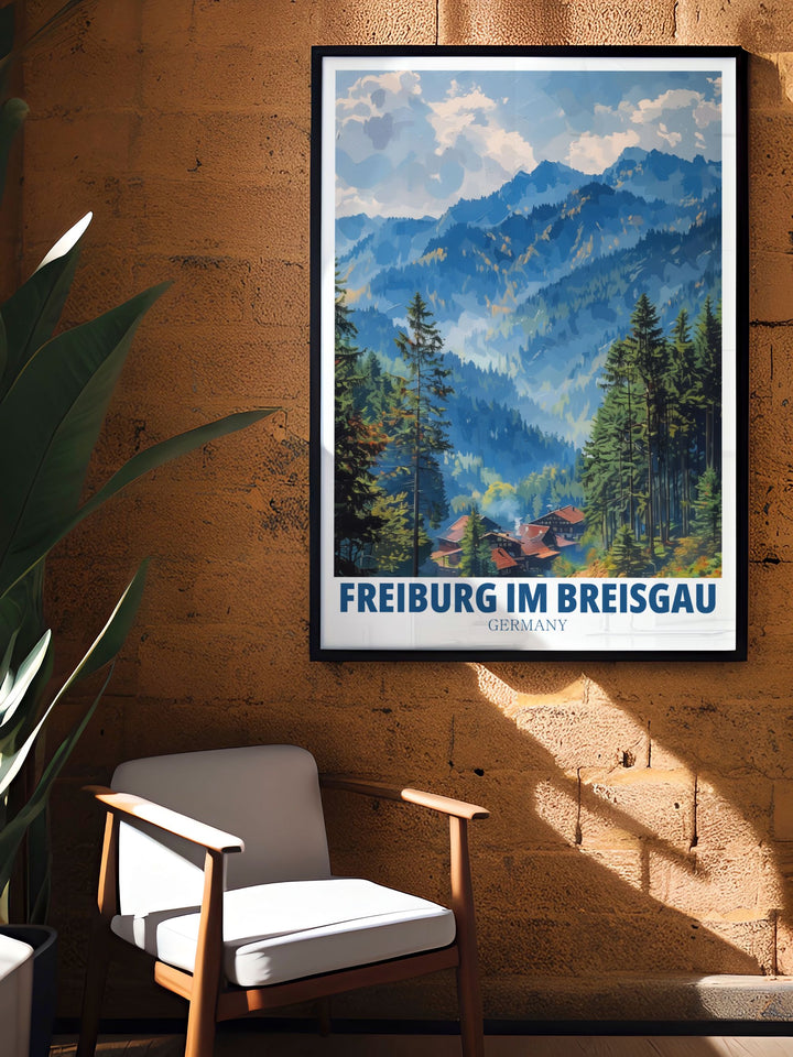 Elevate your living room with this stunning print of Freiburg Im Breisgau featuring the Black Forest this Germany travel art is ideal for anyone looking to bring European beauty and elegance into their home.