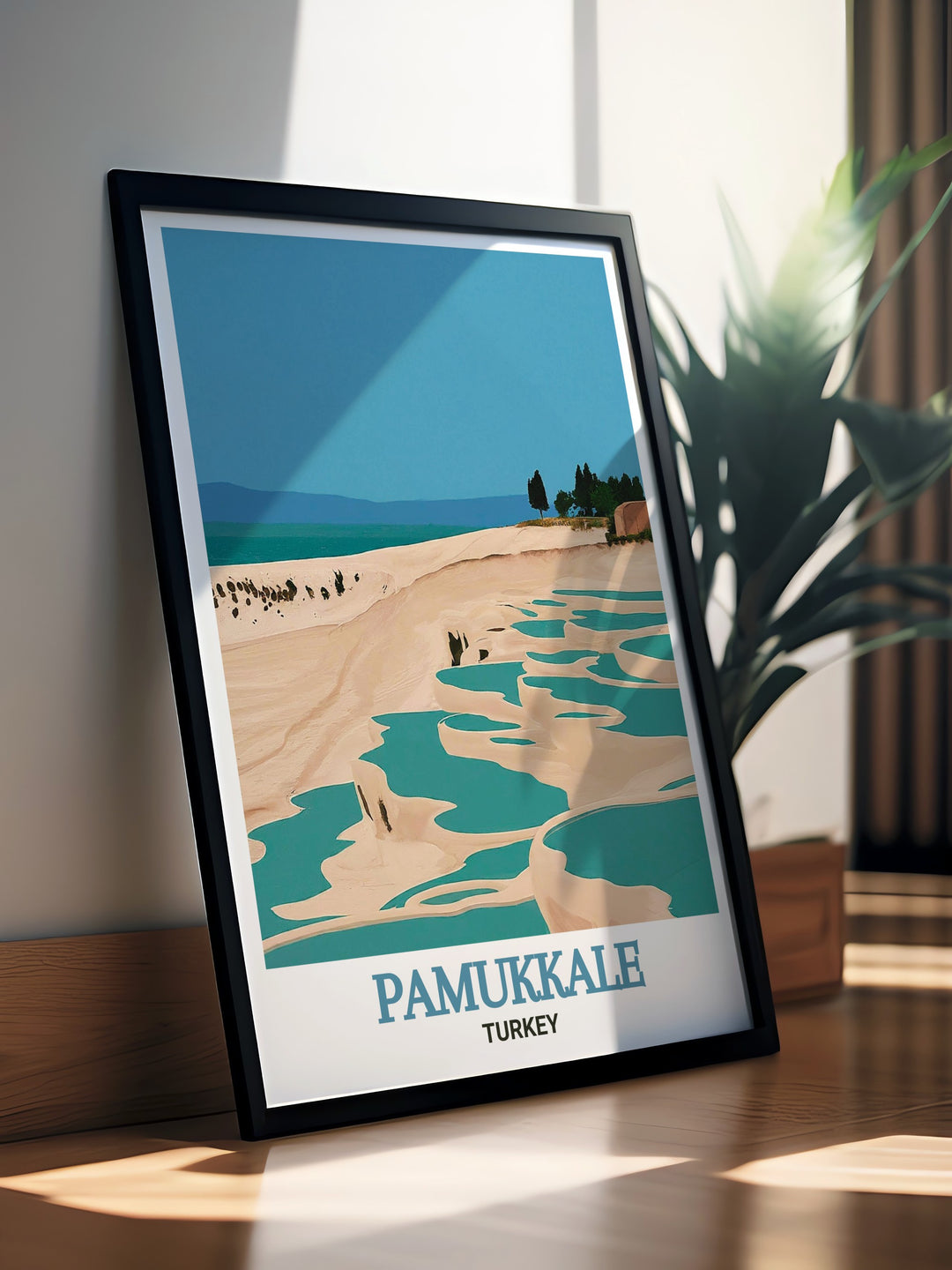 This travel poster features Pamukkale and its iconic thermal pools, blending the natural beauty of the terraces with the tranquility of the blue waters. The detailed depiction offers a breathtaking view of this UNESCO World Heritage Site, ideal for enhancing your home decor.