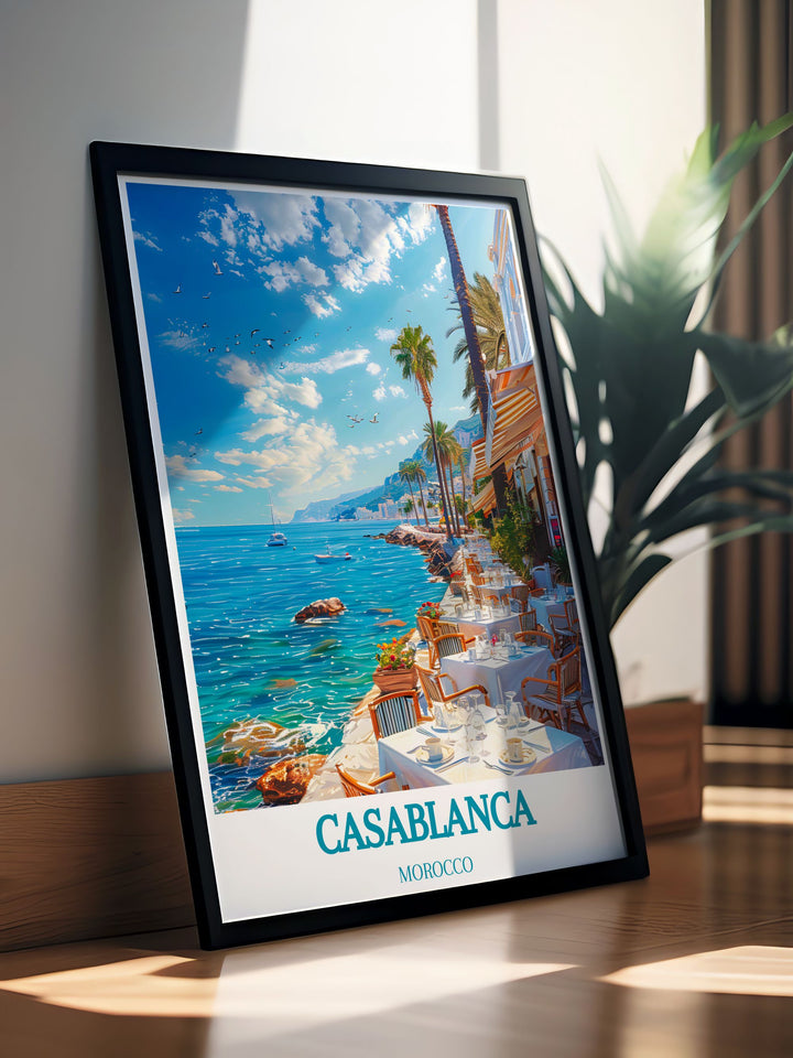 Showcasing the impressive coastline of Corniche Ain Diab and the energetic atmosphere of Casablanca, this travel poster adds a unique touch of coastal and urban elegance to your living space.