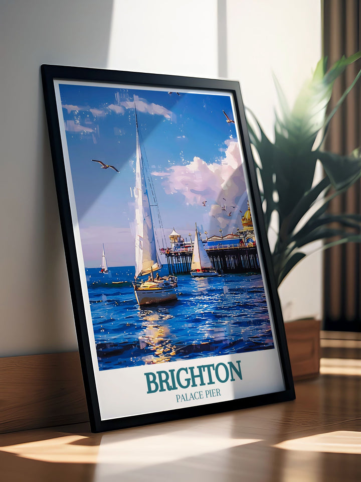 Retro travel poster of Brighton Pier with the stunning English Channel, a beautiful addition to your home decor that captures the essence of Brighton England and its coastal charm.
