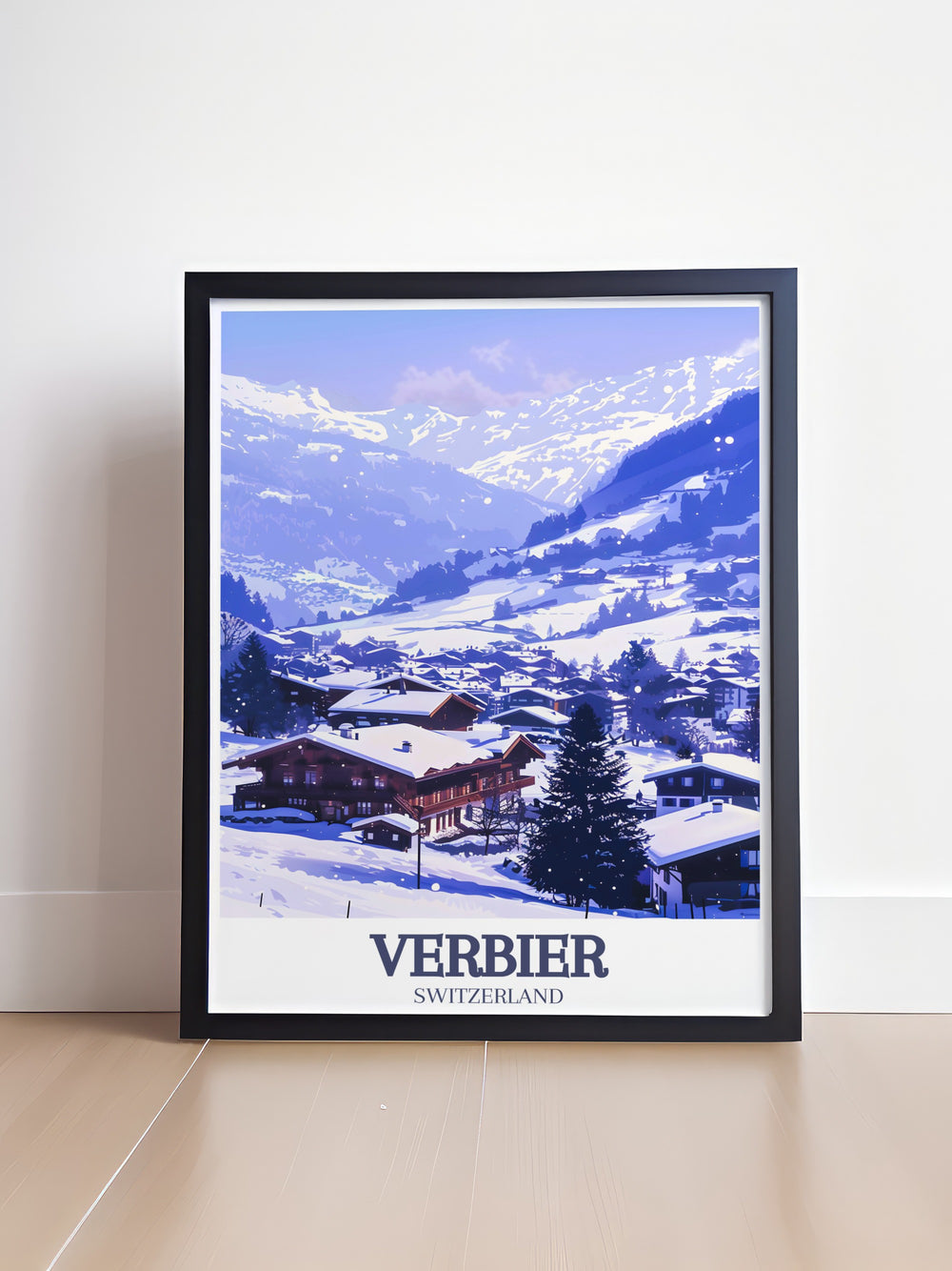 Celebrate the spirit of skiing with this Verbier and Verbier Village poster print. Perfect for adding a touch of alpine charm to your living room or ski lodge, this artwork captures the vibrant slopes and serene beauty of Switzerlands premier ski resort.