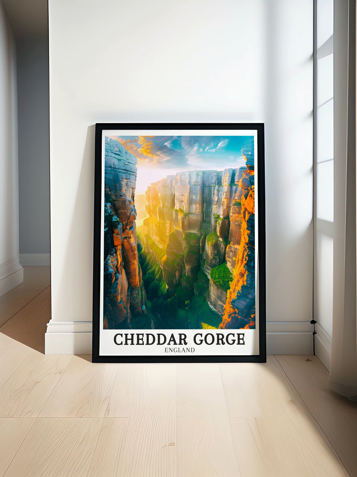 The Mendip Hills framed art print brings together the lush hills and iconic Cheddar Gorge, offering a breathtaking view of one of Britains most famous natural landmarks, perfect for lovers of the outdoors.