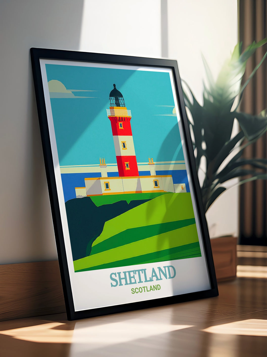 Wall Art of Sumburgh Head Lighthouse, capturing the iconic structure against the backdrop of Shetlands dramatic landscape. This artwork is perfect for those who appreciate the natural beauty and historical significance of Scotlands lighthouses and coastal regions.