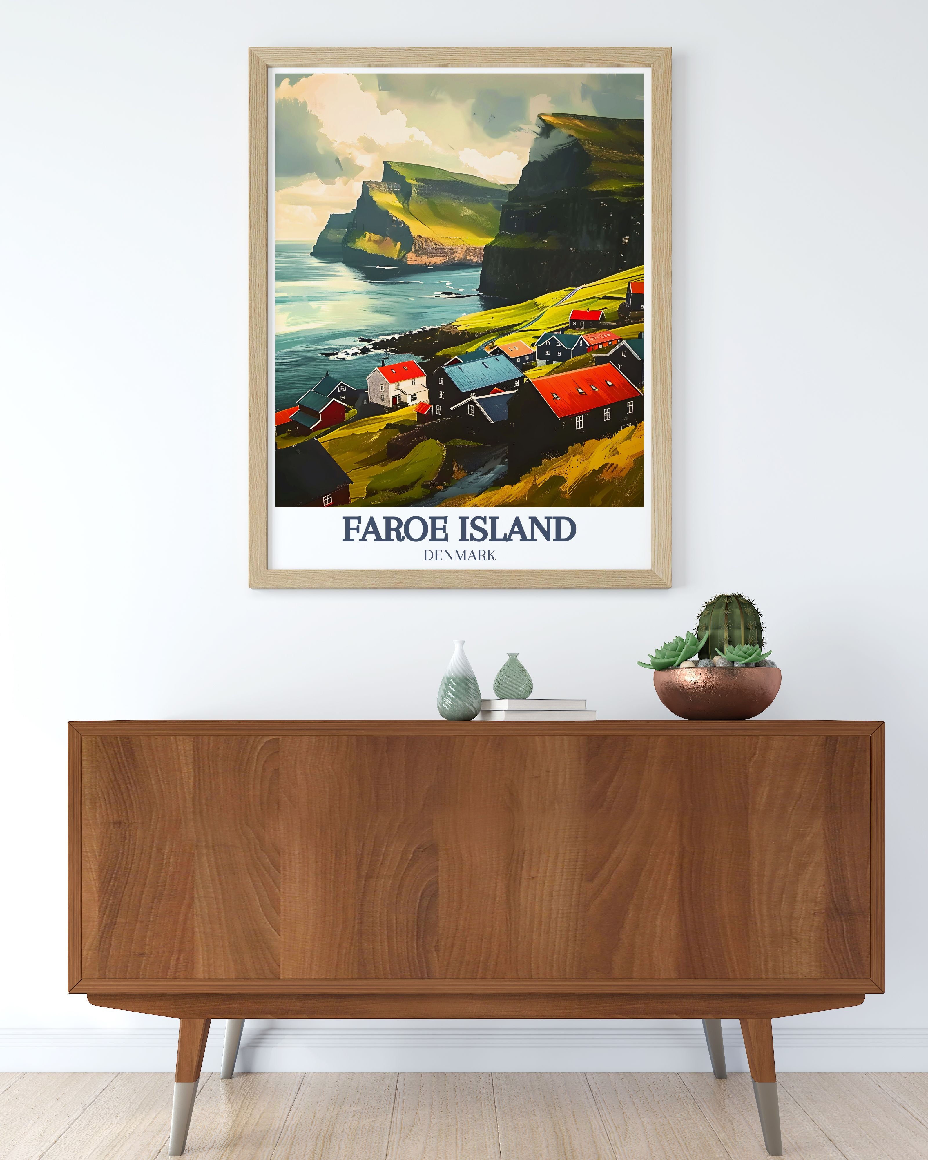 Faroe Island Bøur Village Norway art print depicting picturesque Scandinavian coastal settlement with traditional houses and dramatic landscape, charming Nordic travel poster perfect for eclectic living rooms and Scandinavian heritage home decoration
