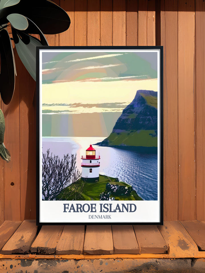 Stunning Faroe Island poster art with the Atlantic Ocean Kallur Lighthouse in focus. Perfect for those seeking a serene and modern decor piece that reflects the untouched beauty of the Faroe Islands and makes a great gift for travelers.