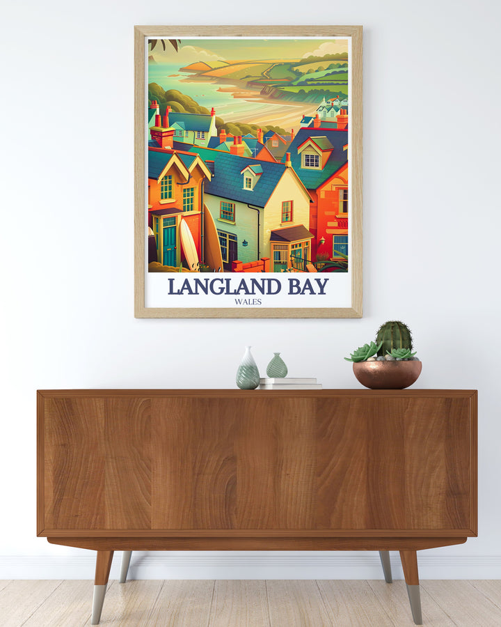 Langland Village Vintage Poster highlights the scenic charm of this Welsh seaside town, with its traditional beach huts and serene coastal views. Perfect for adding a touch of coastal elegance to any room, this travel print celebrates the beauty of Wales landscapes.