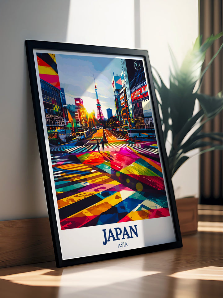 Tokyo Tower custom print offering a striking view of the tower against the evening sky. This art print is perfect for architecture lovers and those who appreciate the urban beauty of Tokyos skyline.