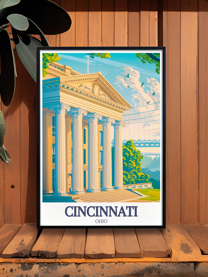 Detailed Cincinnati Art Museum Roebling Suspension Bridge travel print showcasing the citys dedication to arts and culture a perfect gift for anniversaries birthdays Christmas and other special occasions