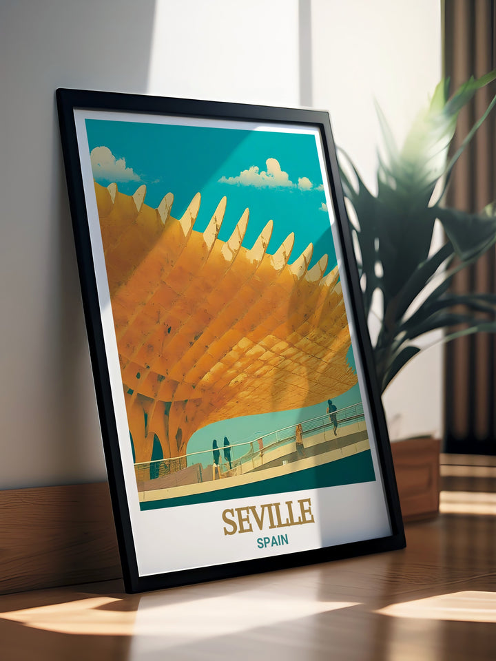 Add a touch of Spain to your space with this stunning Seville Travel Print, featuring the remarkable Metropol Parasol. The detailed illustration highlights both the beauty of the modern wooden structure and the cultural depth of the city it resides in.