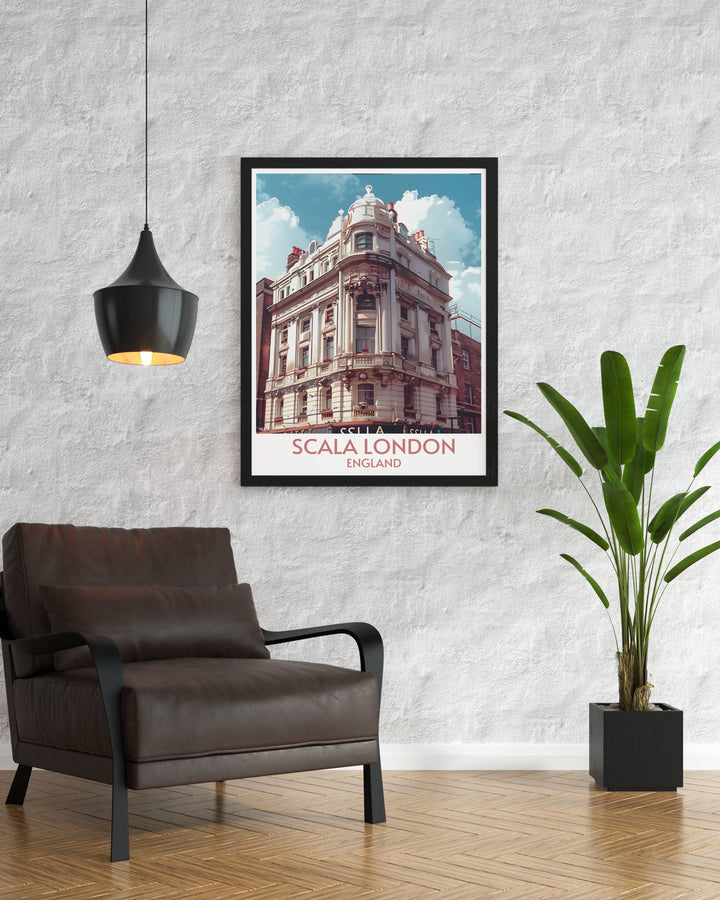 London architecture art print of Scala London showcasing its historic exterior façade an iconic representation of Kings Cross Art Deco style and music culture perfect for adding a touch of sophistication and history to your home or office decor