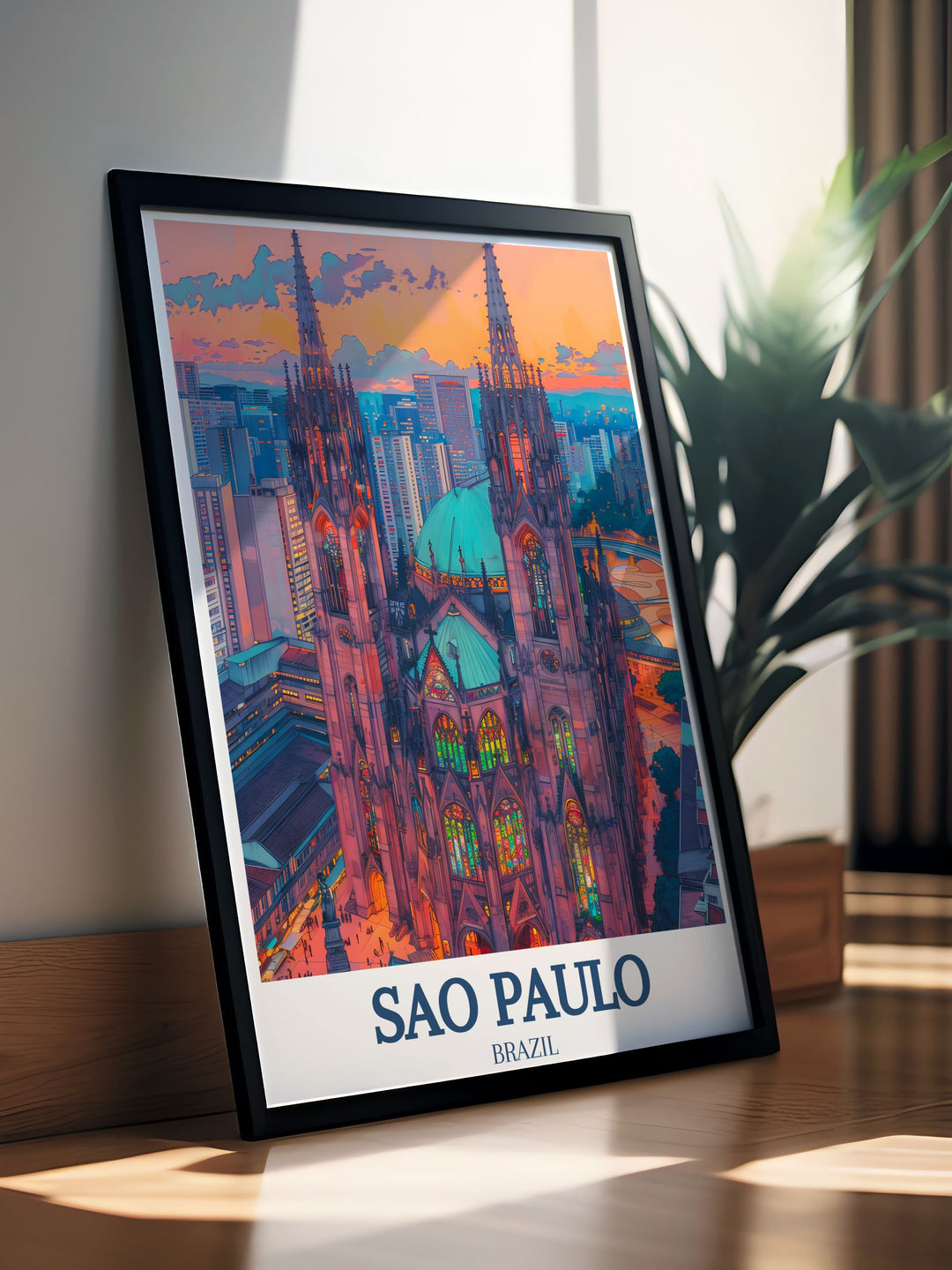 Vibrant poster of Praça da Sé square in Sao Paulo, highlighting the dynamic energy, shops, cafes, and cultural landmarks of this historic urban hub.