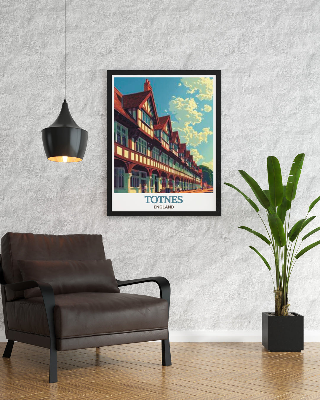 Scenic art print of The Butterwalk in Totnes, England, bringing the historic and majestic landscape into your home. This poster is perfect for creating a focal point in your decor, ideal for history lovers and art collectors.