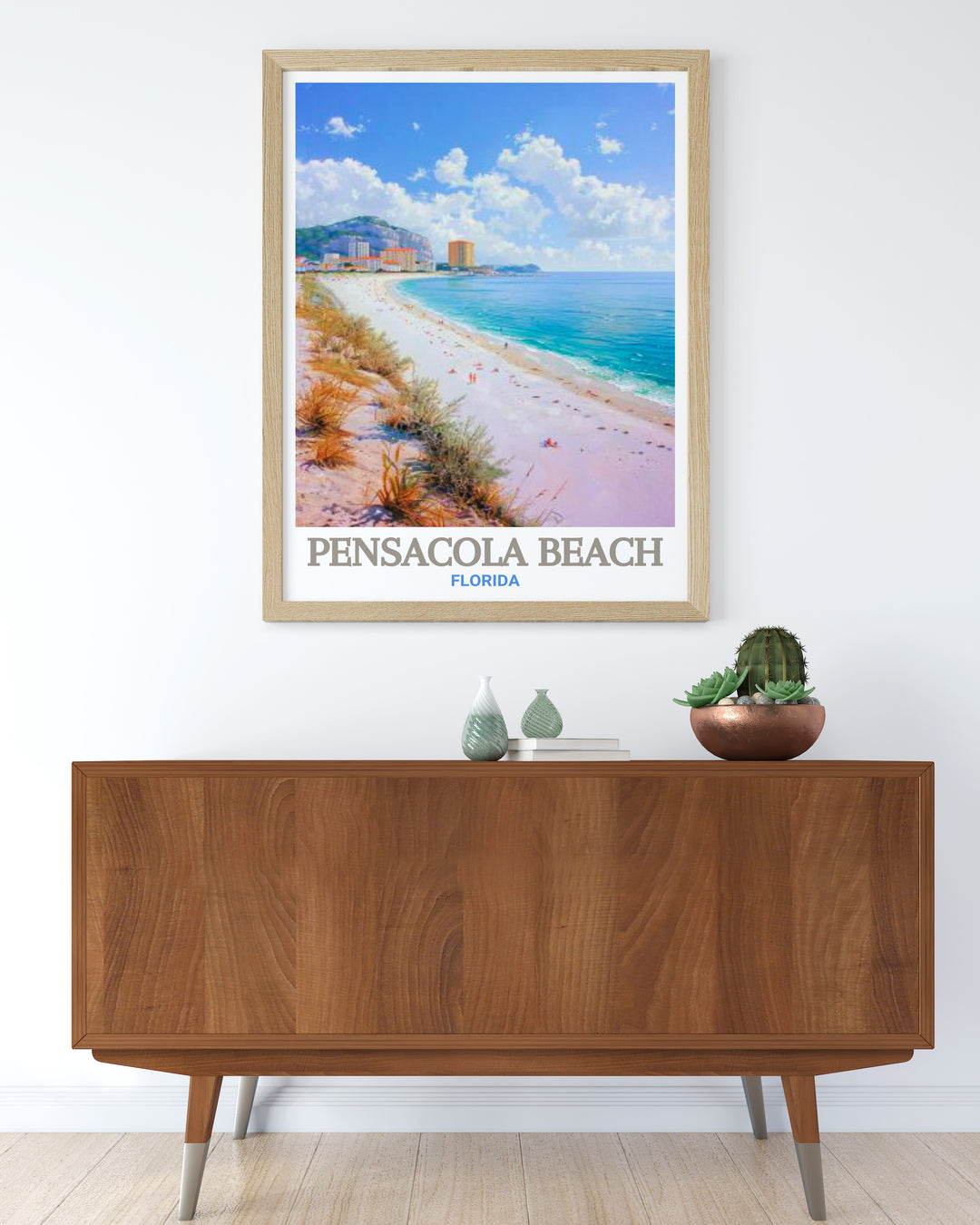 Stunning travel poster of Casino Beach, showcasing the breathtaking scenery of Pensacola Beach in Florida. A perfect gift for nature and art lovers. The vibrant colors and intricate details capture the serene ambiance of this famous destination.