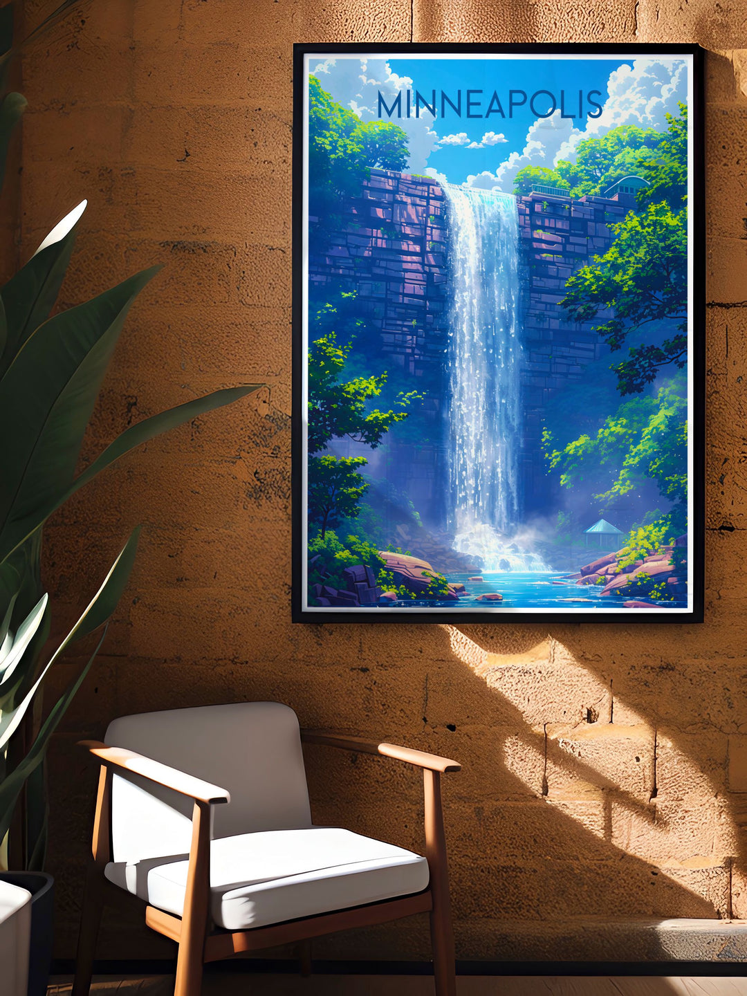 Showcasing the architectural splendor and natural beauty of Minneapolis, this poster captures its urban charm and serene waterfall views, perfect for enhancing your home decor with elegance.