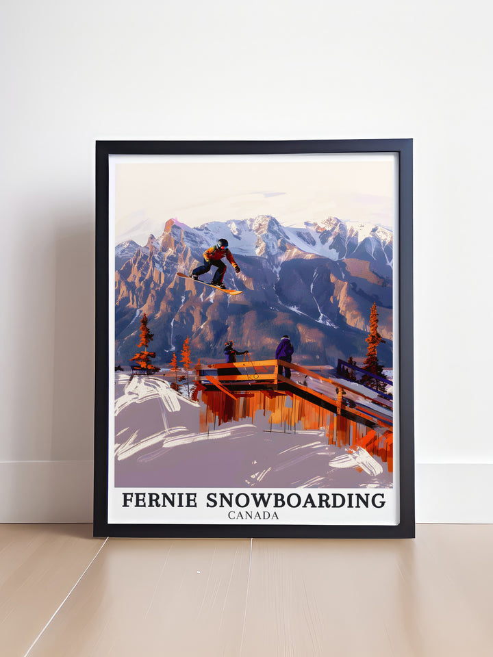 Fernie travel poster celebrating the adventure and excitement of snowboarding in one of British Columbias premier resorts. This art print is a beautiful way to bring the spirit of Fernie into your home.