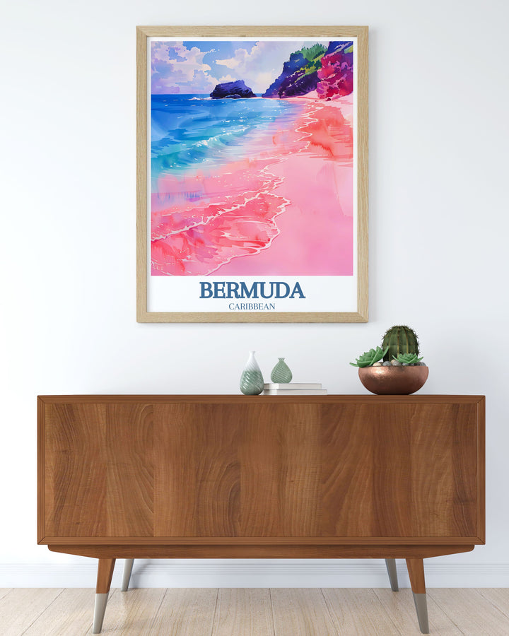 Elegant Bermuda wall art depicting Horseshoe Bay Beach and Warwick Long Bay, showcasing the islands natural beauty and serene beaches. Perfect for adding sophistication and a touch of adventure to any room.