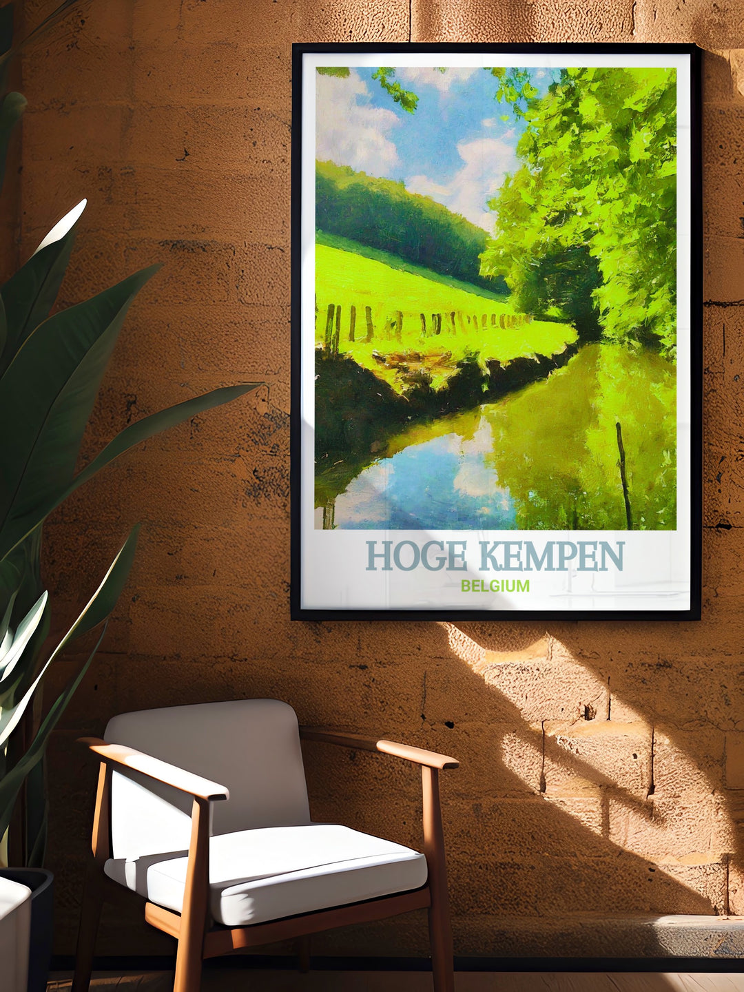 Capture the essence of Belgiums diverse landscapes with this travel poster, featuring the expansive vistas of Hoge Kempen and the serene beauty of Vallei van de Kikbeekbron.