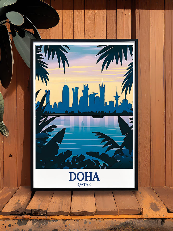 Dohas skyline, with the iconic Burj Doha and Aspire Tower, is depicted in this vintage poster, blending modern architecture with a classic design aesthetic for timeless appeal.