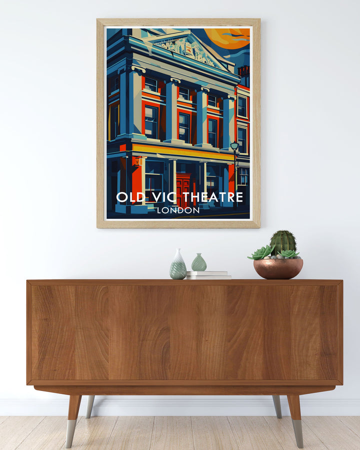 This art deco inspired print of The Old Vic Theatre offers a stylish take on one of Londons most famous landmarks. Ideal for decorating a home or office, this retro travel poster captures the beauty of Londons West End and its rich theatre history in a stunning, timeless design.