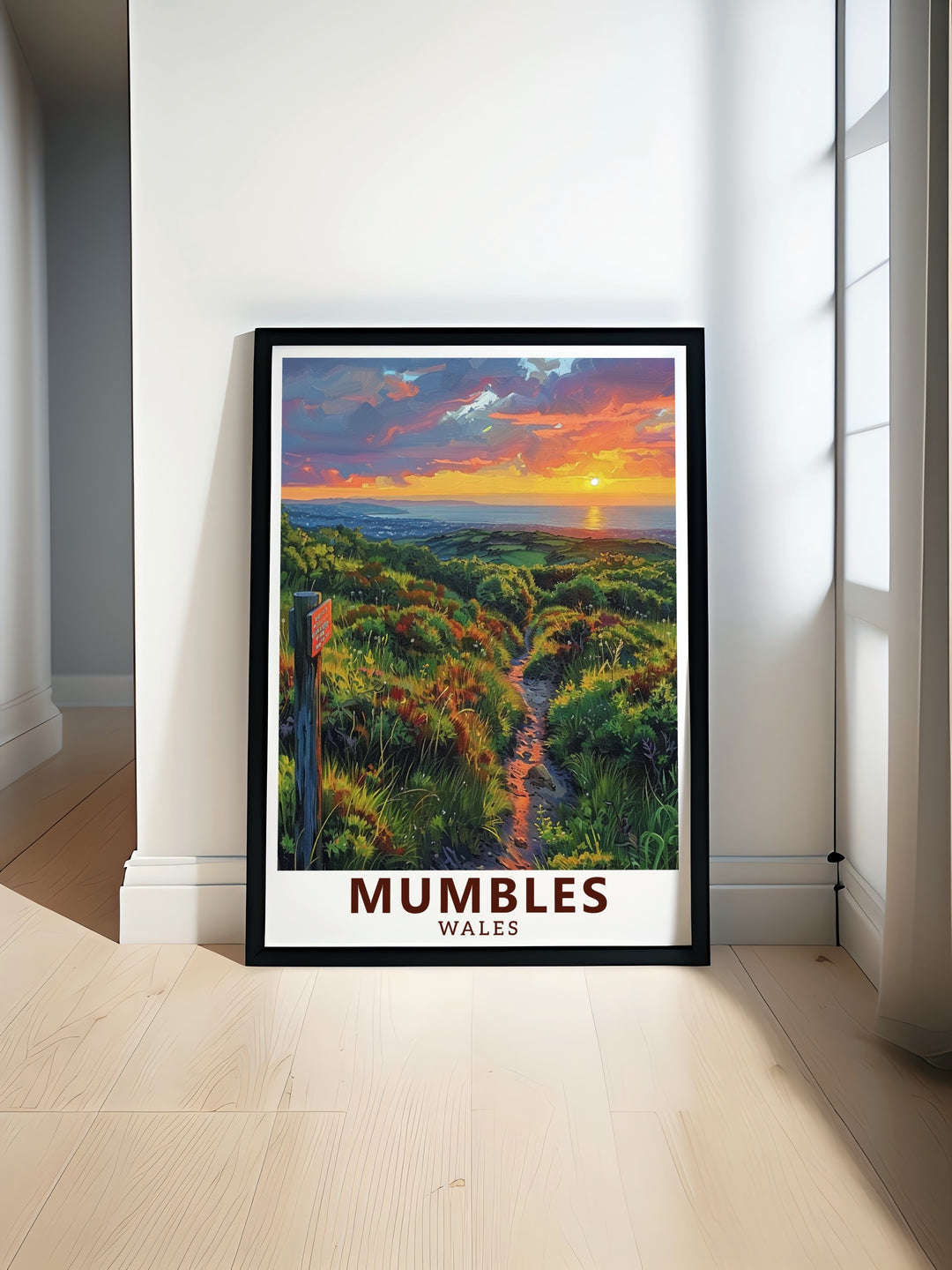 This vintage Wales poster features the serene landscapes of Mumbles Hills Nature Reserve showcasing lush greenery and tranquil views perfect for creating an elegant atmosphere in your home