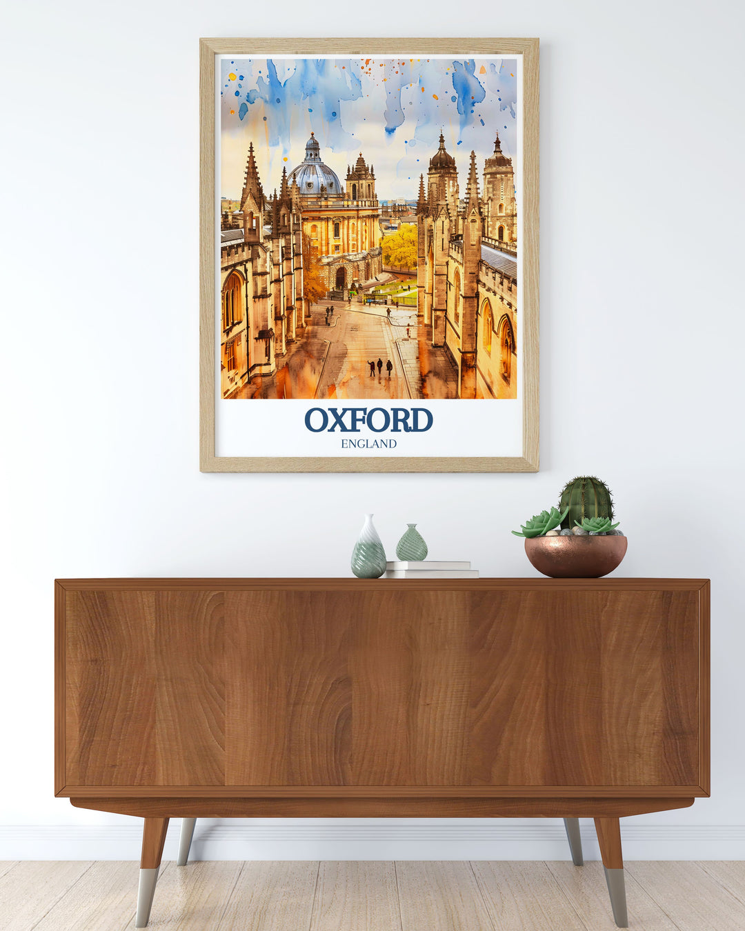 Modern Oxford travel print featuring the iconic Radcliffe Camera and University of Oxford ideal for sophisticated home decor and Oxfordshire gift ideas