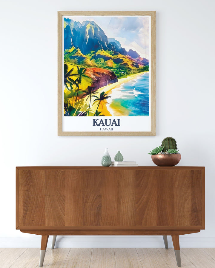 Add a tropical touch to your decor with this Na Pali Coast and Poipu Beach poster. This Hawaii wall art is ideal for creating a calming atmosphere in your living room or office. Perfect for gifts, it celebrates the beauty of Kauais most scenic spots.