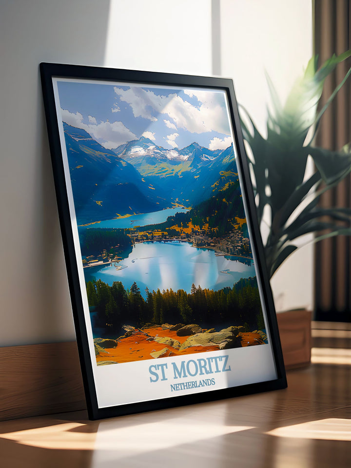 This vintage inspired poster highlights the majestic beauty of St Moritz and the Engadin Valley, offering a glimpse into one of Switzerlands most picturesque regions.
