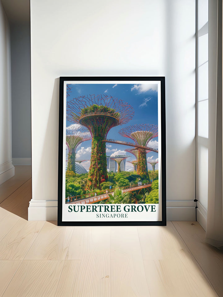 Daytime view of Supertree Grove in Singapore featuring stunning art and vibrant colors. This beautiful poster is perfect for adding a touch of modern Singapore decor to your home and makes an excellent gift for lovers of travel and art.