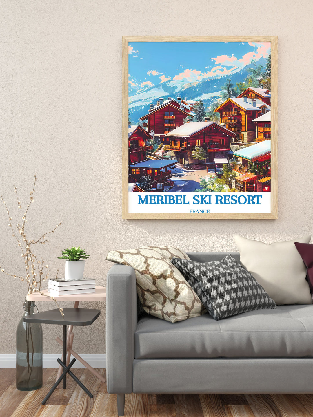 Vintage ski print featuring Meribel Village and the picturesque Three Valleys. This retro inspired art piece brings the magic of skiing in Meribel to your home with its elegant and nostalgic design.