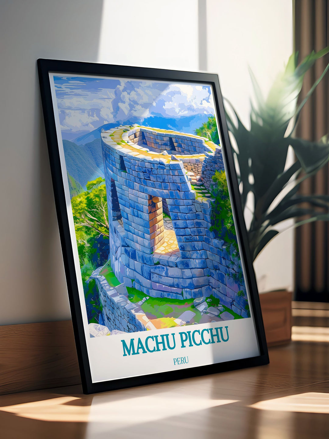 Enhance your living room with Machu Picchu print featuring The Temple of the Sun in a modern art style. This travel poster is a perfect addition to any minimalist décor offering a timeless tribute to the rich history and spiritual significance of Peru. The elegant design makes it an ideal gift for any occasion including anniversaries birthdays and Christmas.