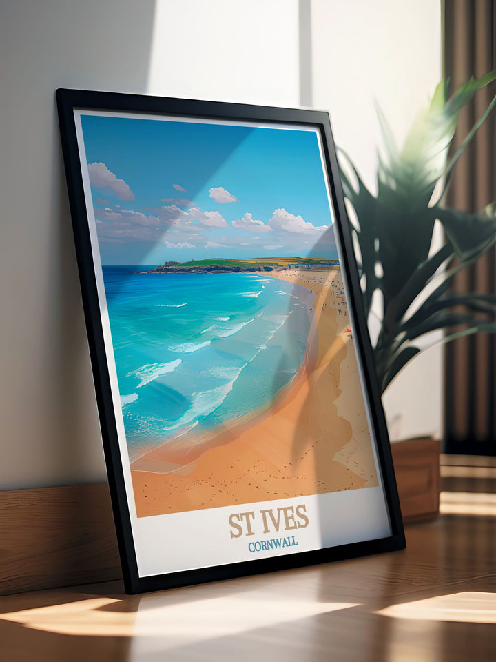 This poster of St Ives captures the breathtaking views and rich history of Porthmeor Beach, inviting viewers to experience the unique charm and adventure of Cornwall.
