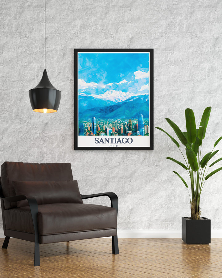 Beautiful Spain travel print featuring Santiago cityscape and the Andes Mountains This artwork adds sophistication to your decor and makes a perfect gift for travel and art lovers alike Celebrate Spanish culture with this stunning home decor