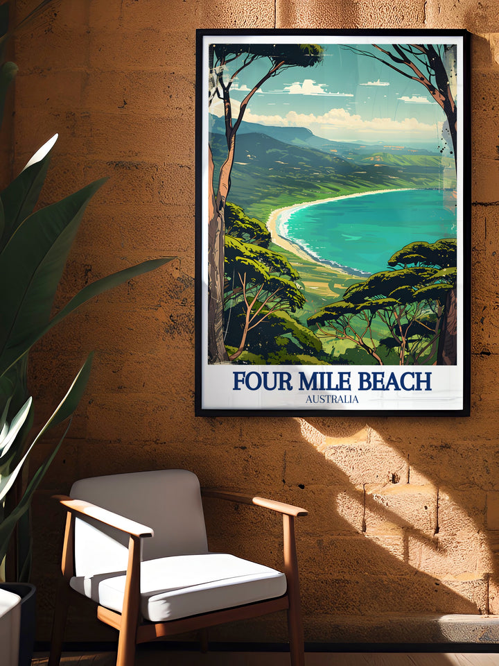 This Four Mile Beach art print highlights the breathtaking contrast between Australias golden sands and the lush greenery of the Daintree Rainforest. Ideal for anyone with a love for coastal escapes and tropical beauty, this print adds a calming ambiance to any room.