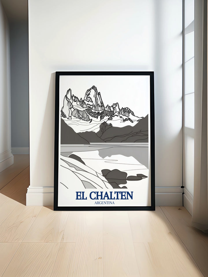 Bring the natural beauty of El Chaltén and its iconic Mount Fitz Roy into your space with this Travel Poster. Its perfect for those who love to explore the great outdoors and appreciate Argentinas landscapes.