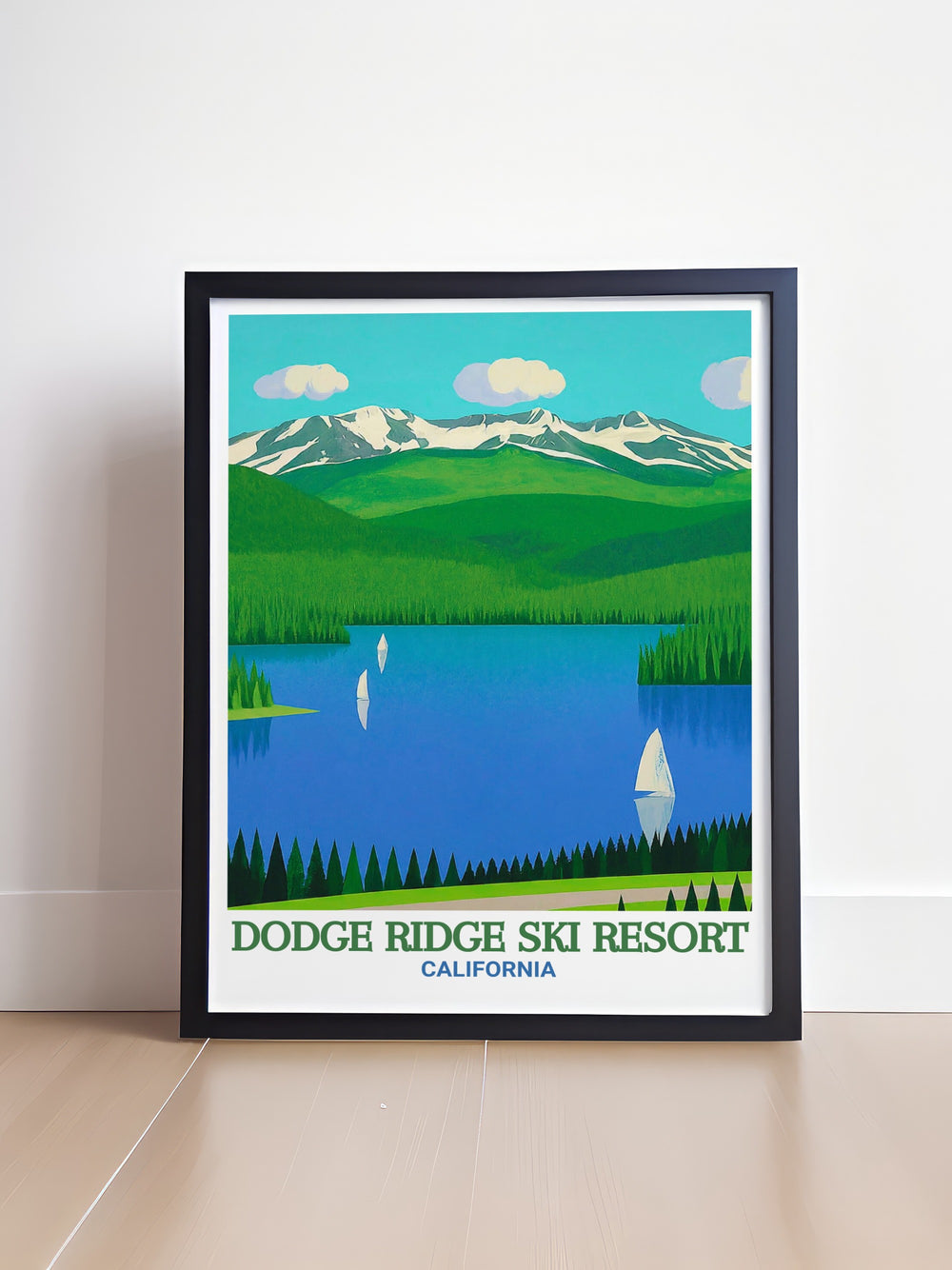 Bucket list print of Dodge Ridge Ski Resort and Pinecrest Lake showcasing the breathtaking views and diverse terrain of this top winter sports destination. This artwork is perfect for ski enthusiasts and travelers looking to add a piece of Dodge Ridge to their collection.