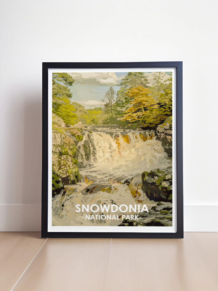 Snowdonia gift poster featuring the enchanting landscapes of Swallow Falls a perfect piece of nature landscape art for home decor and a thoughtful gift for those who appreciate the beauty of National Parks
