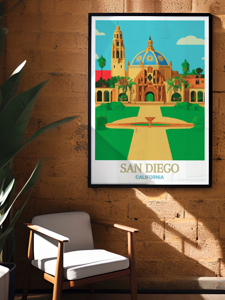 Framed art print of Balboa Park in San Diego, highlighting its lush gardens and iconic structures. This artwork is a beautiful tribute to Californias cultural and natural heritage.