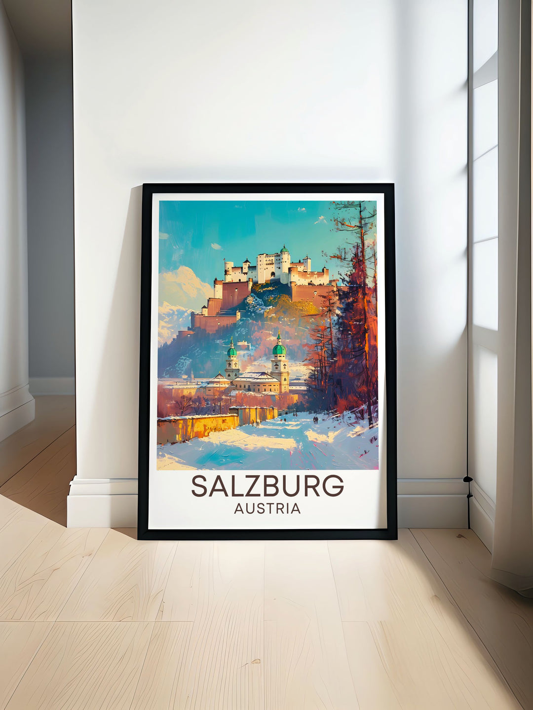 Hohensalzburg Fortress in Salzburg with Zauchensee skiing, perfect for home decor. Enhance your space with vintage travel prints featuring Austrias historic fortress and thrilling ski slopes. Ideal for travel enthusiasts and skiing fans seeking unique wall art.