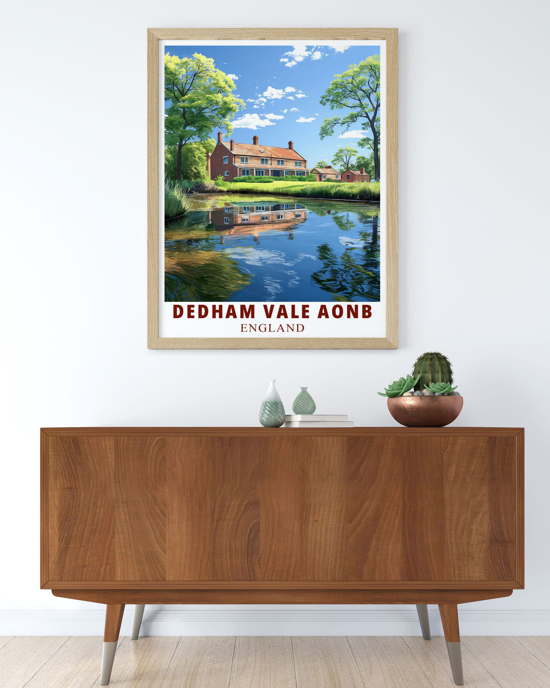 Travel poster featuring the scenic beauty of Dedham Vale, highlighting the lush meadows and winding rivers of Englands countryside, ideal for adding a touch of natural charm to your decor.